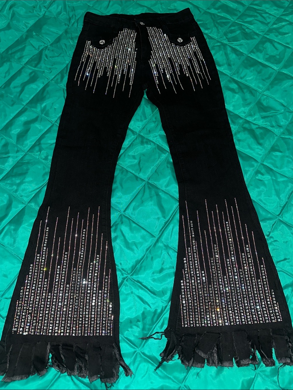 GK Black Flared Jeans with Silver Rhinestone Fringe